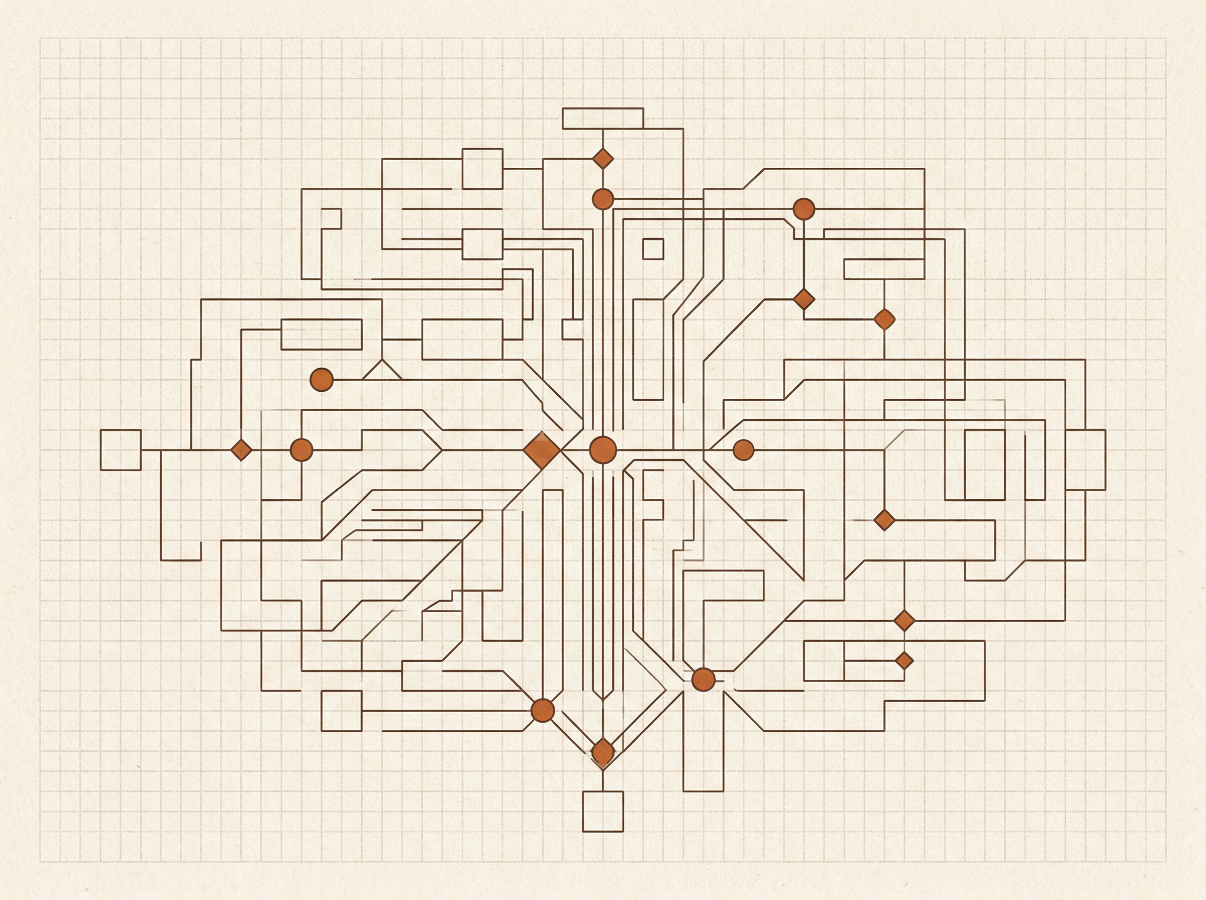 Illustration of software blueprint with highlighted decision points